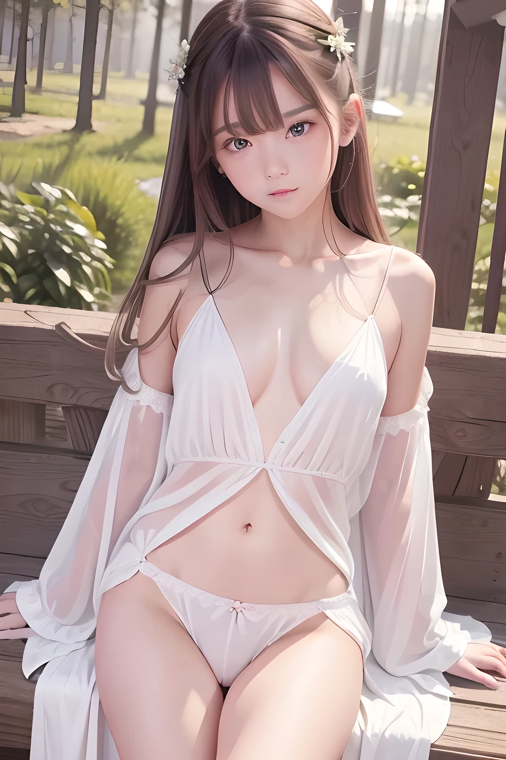 (masterpiece),( best quality:1.0), ( ultra high resolution with forest background:1.0),  Detailed Illustrations, 8k, It's because I'm young 、 white nightgown、 Spread Your Legs、 sexy、Angry expression、 clitoris、Cheeky、Thighs、、 、Droopy eyes、  straight hair、Shoulder length、1 girl、Beige Hair、Amber Eyes、