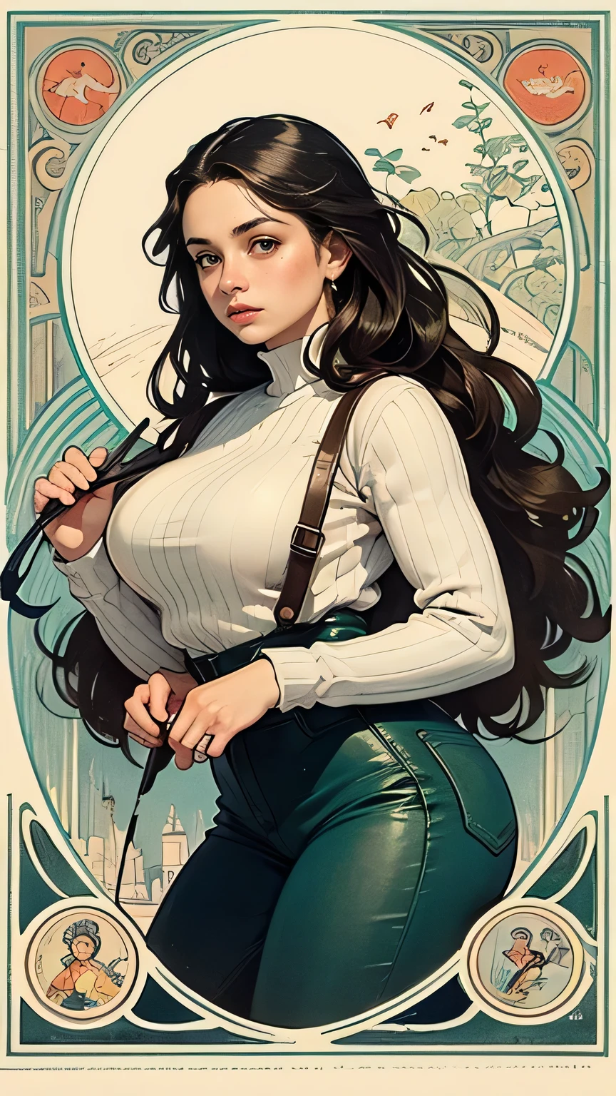 (( masterpiece )), ( better quality ), (work),   Art Nouveau watercolor painting  , goddess of the moon  ,  big eyes,  small nose with some freckles ,  thick eyelashes, Thick lips,  bright green eyes, hair largo and thick,  Smooth and silky hair, wavy, plump, Pechos plumps，loose sweater with wide neckline ， tight pants , white,  marks the pantie on the pants , florida_bottom,  Intricate designs and patterns in the style of Alphonse Mucha.