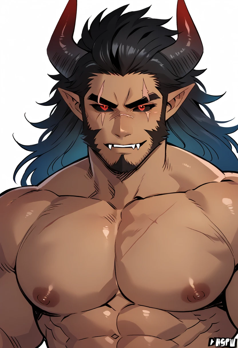 score_9, score_8_up, score_7_up, score_6_up, score_5_up, score_4_up,
 dr3am,
1boy, male focus, horns, solo, facial hair, muscular male, muscular, mature male, pointy ears, colored sclera, beard, black sclera, single bare shoulder, multicolored hair, looking at viewer, bara, pectorals, scar, fangs, demon horns, upper body, long hair, gradient hair, black hair, thick eyebrows, demon boy, large pectorals, red eyes