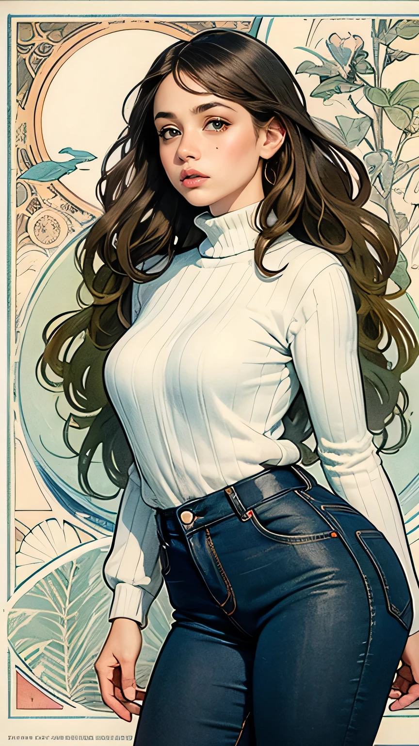 (( masterpiece )), ( better quality ), (work), Art Nouveau watercolor painting , goddess of the moon , big eyes, small nose with some freckles , thick eyelashes, Thick lips, bright green eyes, hair largo and thick, Smooth and silky hair, wavy, plump, Pechos plumps,loose sweater with wide neckline , tight pants , white, marks the pantie on the pants , florida_bottom, Intricate designs and patterns in the style of Alphonse Mucha.