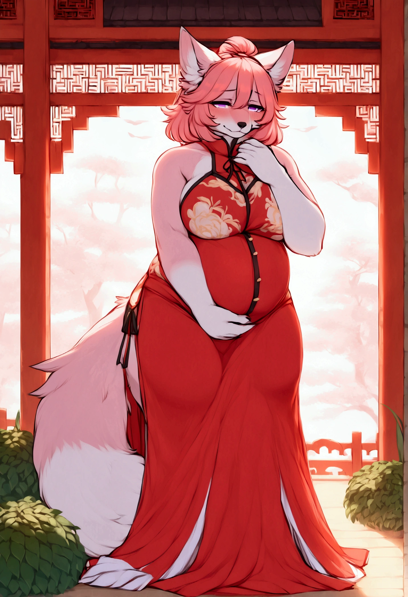 top quality, best quality, Iriedono, High-quality illustrations, masterpiece, uploaded on furaffinity), (kemono, furry anthro), very beautiful and detailed body face and eyes, round, 1 female, fox, Yae Miko, (Genshin Impact), slightly chubby, mature face, pink furs, fluffy, tail, huge breasts, big thighs, pink hair, perfect eyes, purple eyes, beautiful frilly chinese dress, beautiful kingdom garden, body movement, body twitching, beautiful huge pregnant, red blushing, shy, looking behind