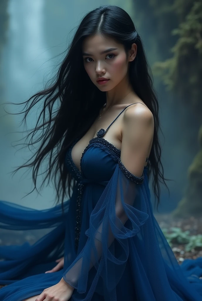 Best quality, masterpiece, Beautiful, young latina woman, looking straight at viewer, wearing simple blue floral gown, posing on path, professionalism, age, detailed face, detailed body, symmetric face, big cute eyes, cute face, dynamic pose, tattooed hands, deep cleavage, perfect anatomy, photorealistic, curvy body, black braid hair, 8k, ultra realistic, foggy forest background, rainfall, rainy weather, wide desktop wallpaper, ambient occlusion
