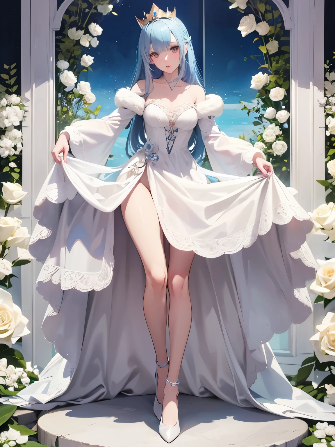 Create a princess with straight blue hair, In a white rose garden , 穿着白色和蓝色的dress,Fair skin, An unrealistic drawing , With a silver crown , Thick eyes and a flat nose , Full, Sweet lips, dress . silver shoes.