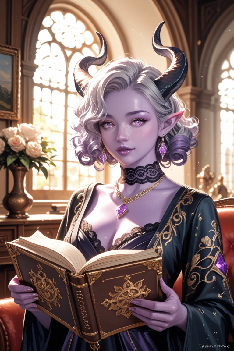 8k, masterpiece, best quality, highly detailed, 1 girl, tiefling, warlock, multicolored hair, very short straight hair green highlight hair on white hair, strippled hair, wearing glasses, round glasses, earrings, long dress with side cut, lace dress, red eyeshadow, long eyelashes,navel piercing, blushed cheek, necklace, collarbone, high heels, mole, glamorous, purple and teal clothing, villainy, smirk, seductive face, close up view, rings, looking at viewer, standing, demon horns, solo, hand touching cheek, school, black lace gloves, holding book, sensei, miniskirt.