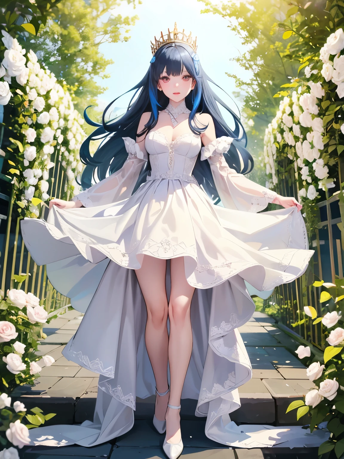 Create a princess with straight blue hair, In a white rose garden , 穿着白色和蓝色的dress,Fair skin, An unrealistic drawing , With a silver crown , Thick eyes and a flat nose , Full, Sweet lips, dress . silver shoes.