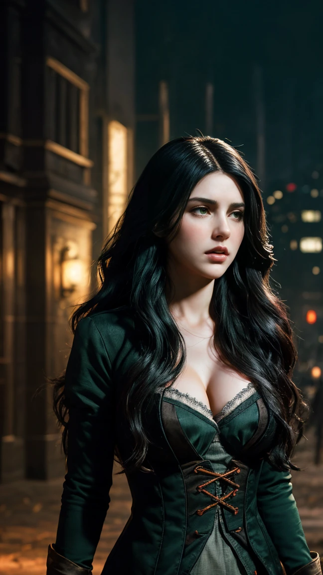 A highly detailed, elegant portrait of a woman with long black hair in a foggy, cinematic environment, intricate and ornate details, photorealistic, volumetric lighting and shadows, smooth and sharp focus, digital painting style inspired by Artgerm, Greg Rutkowski and Alphonse Mucha, concept art, illustration