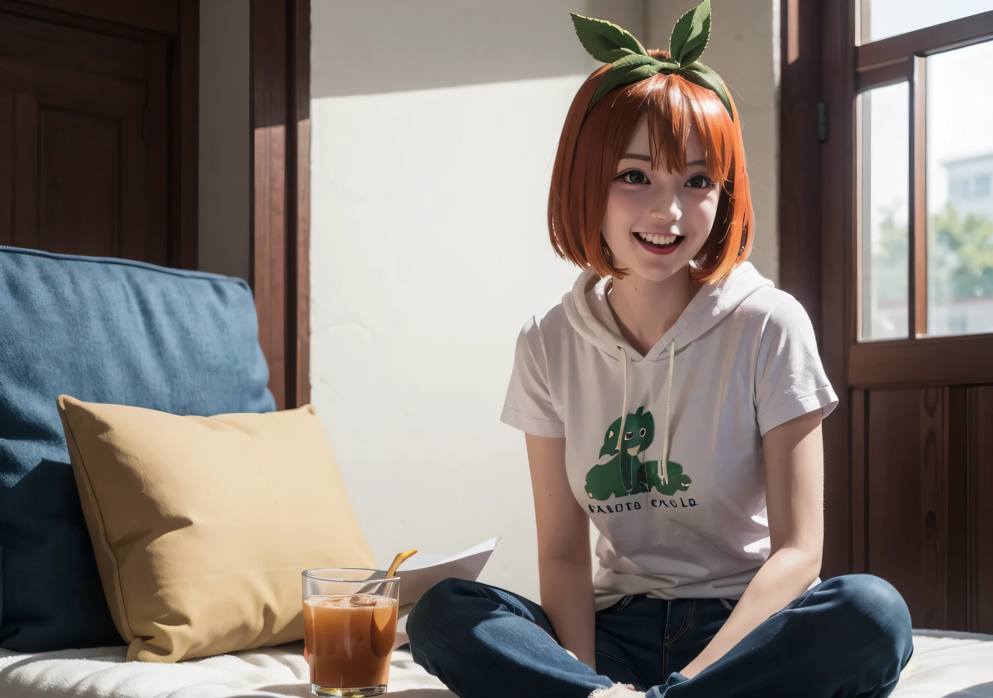 Create a realistic and natural-looking image of Yotsuba Nakano from The Quintessential Quintuplets inside a cozy home. Yotsuba is dressed in a casual, playful outfit, such as a brightly colored t-shirt or hoodie, paired with comfortable shorts or jeans. Her short, bright green hair is messy and tousled, with some strands sticking out playfully. She has a big, cheerful smile, radiating energy and enthusiasm, capturing her fun-loving and carefree personality.