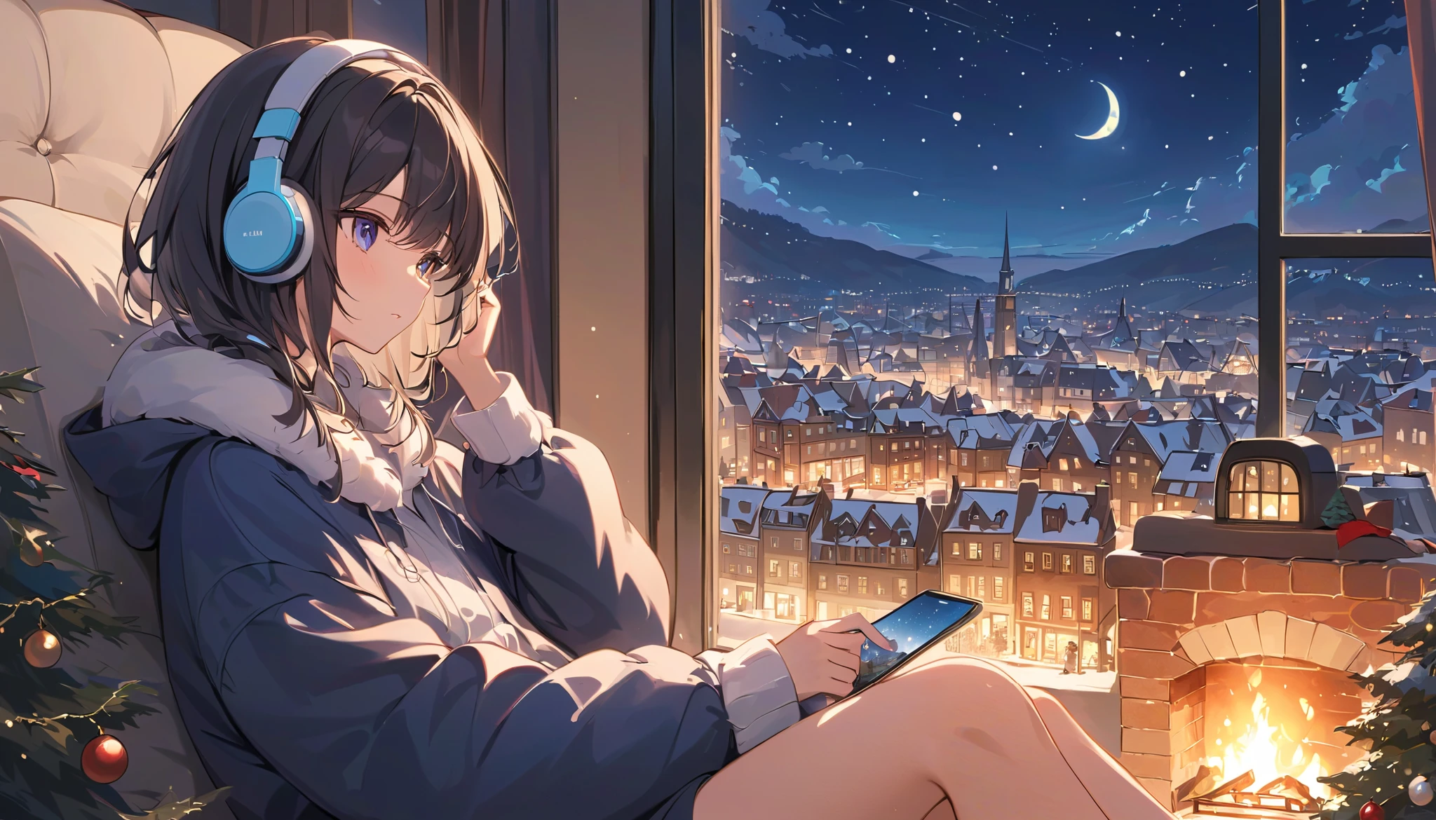 Anime girl sitting in chair with headphones on looking at her phone ...