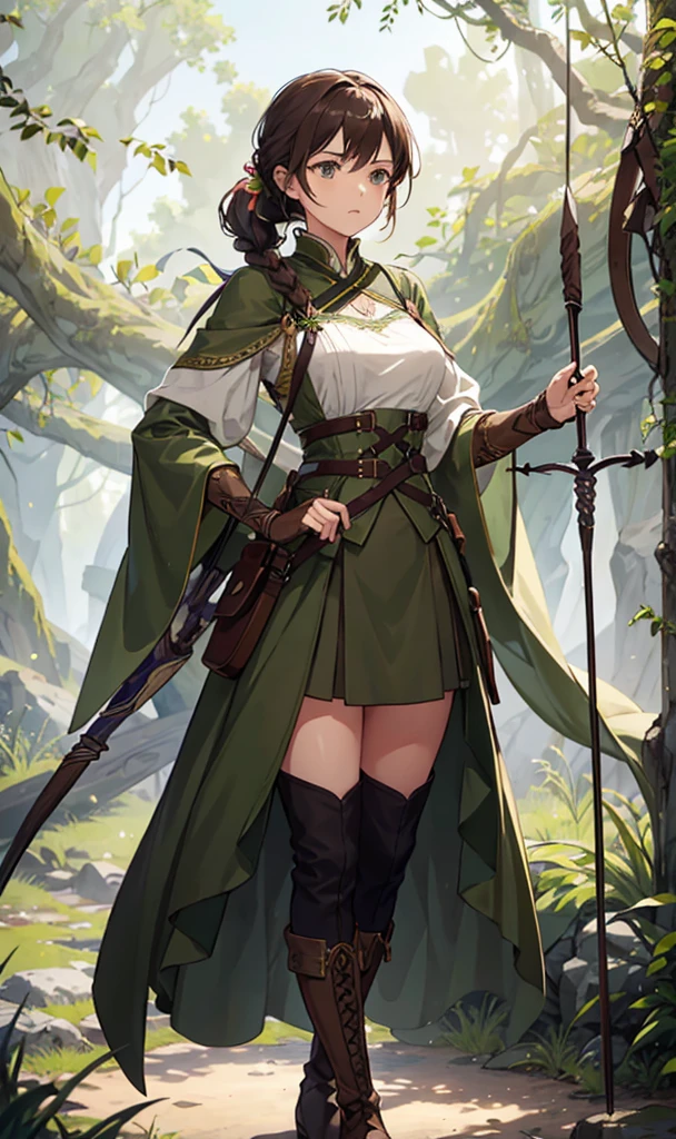 A huntress with light brown hair tied back in a practical yet slightly loose style, framing her determined expression. She wears an olive-green asymmetrical medieval-style skirt, the edges slightly frayed from her journeys, paired with rugged brown knee-high boots, their leather textured with scratches and wear. Her white blouse, simple yet elegant, features subtle embroidery near the collar and sleeves, complementing her short olive-green shawl adorned with intricate patterns woven into the fabric. She dons brown gloves with reinforced stitching, designed for durability in the wild. In her hands, she holds a finely crafted bow, its wooden body polished yet showing signs of frequent use, while a quiver of arrows hangs at her side. The scene captures her poised and ready for battle, set against a lush forest backdrop bathed in soft, dappled sunlight, emphasizing her connection to nature. Ensure detailed textures in the clothing, boots, and bow to create a high-definition and immersive image.




