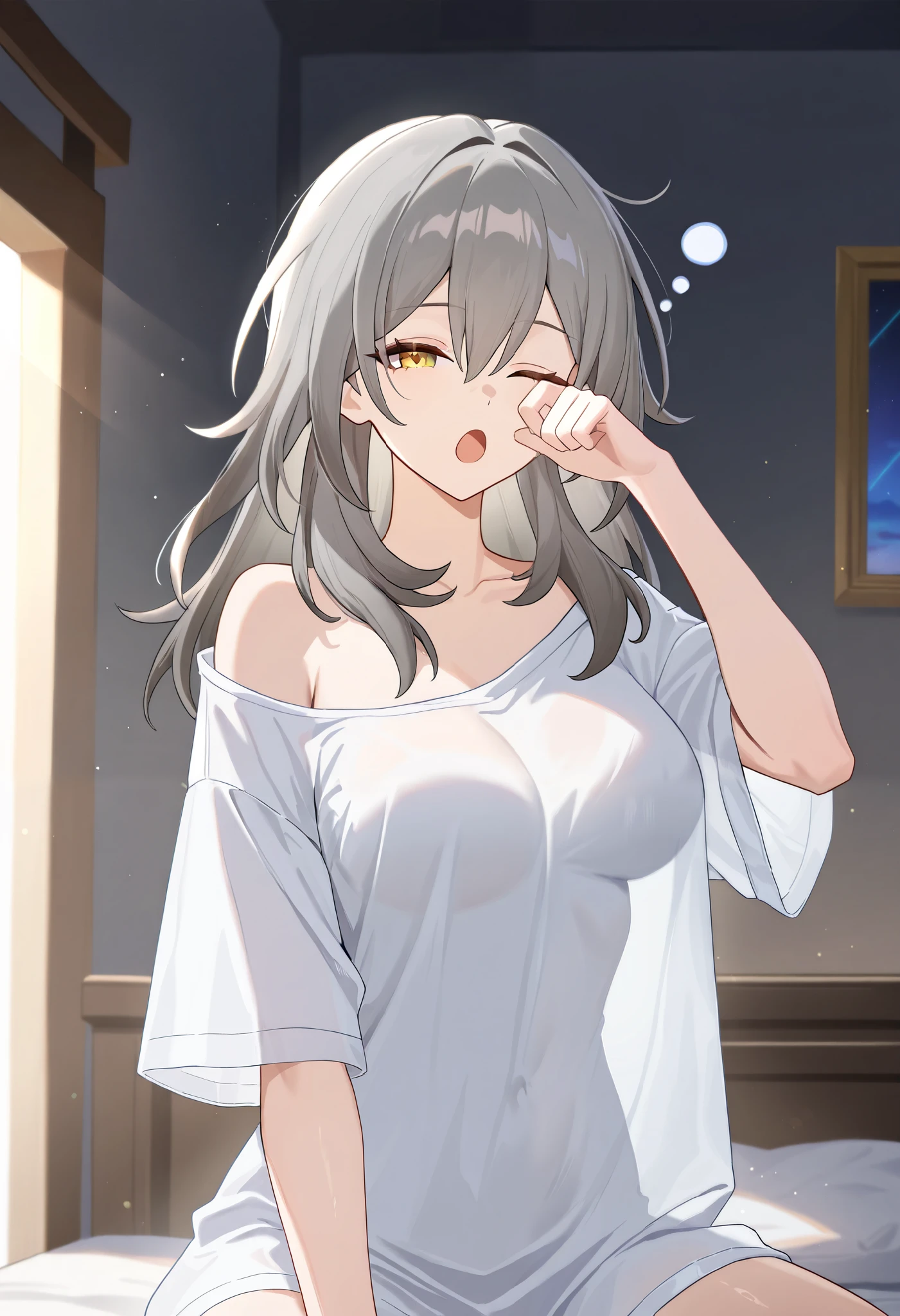 1girl, stelle\(honkai: star rail\), honkai: star rail, sensitive, upper body, yellow eyes, breasts, yawing, sleepy, oversized shirt, see-through silhouette, bedroom, morning, bloom, masterpiece, best quality, very aesthetic, absurdres