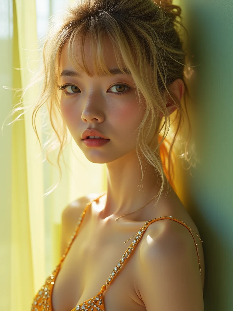 ((best quality, 8k, masterpiece: 1.3)), focus: 1.2, perfect body beauty: 1.4 , (funny expression), (showering in the pool side: 1.3), highly detailed face and skin texture, fine eyes, double eyelids, whitened skin, (air bangs: 1.3), (round face: 1.5),necklace,(earrings:1.3),(curly long hair:1.3),(show both armpits:1.2),(beautiful small hard nipple:1.4),(blonde hair:1.2),(shiny skin:1.3),(Japanese idol:1.3),(kissing with her girlfriend:1.3),