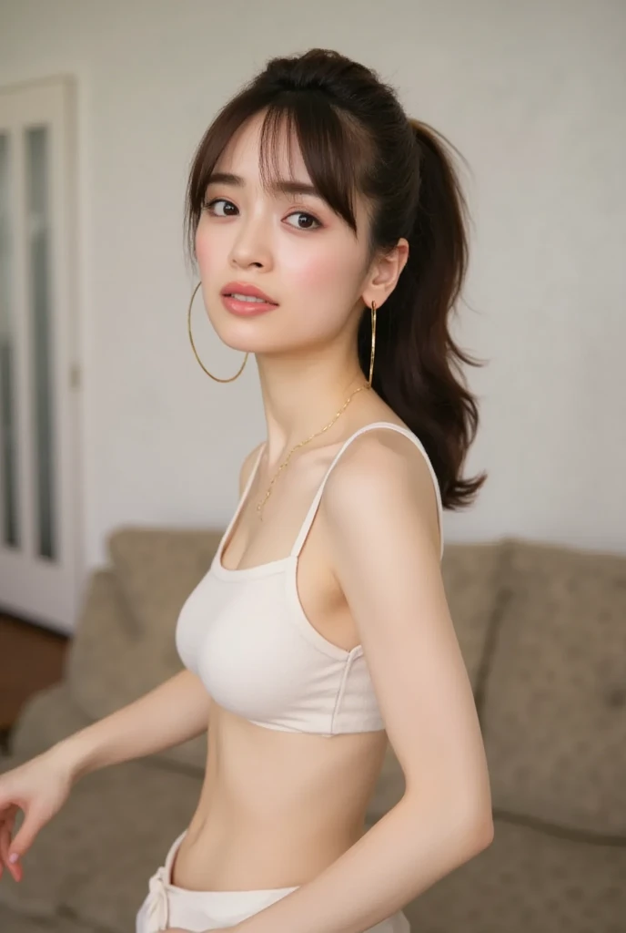  from a front view of her whole body is cute, naked、 Big Breasts 、 big areolas、 saggy breasts、No underwear、Looking above my collarbone 、 The background is a monotone   、
