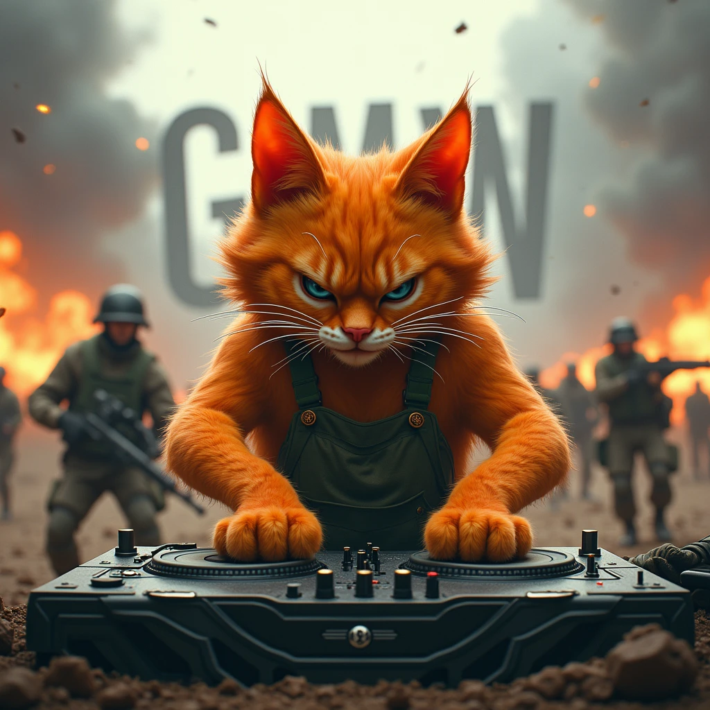Long-haired cat on top of a tank,The background features large Hagukix lettering