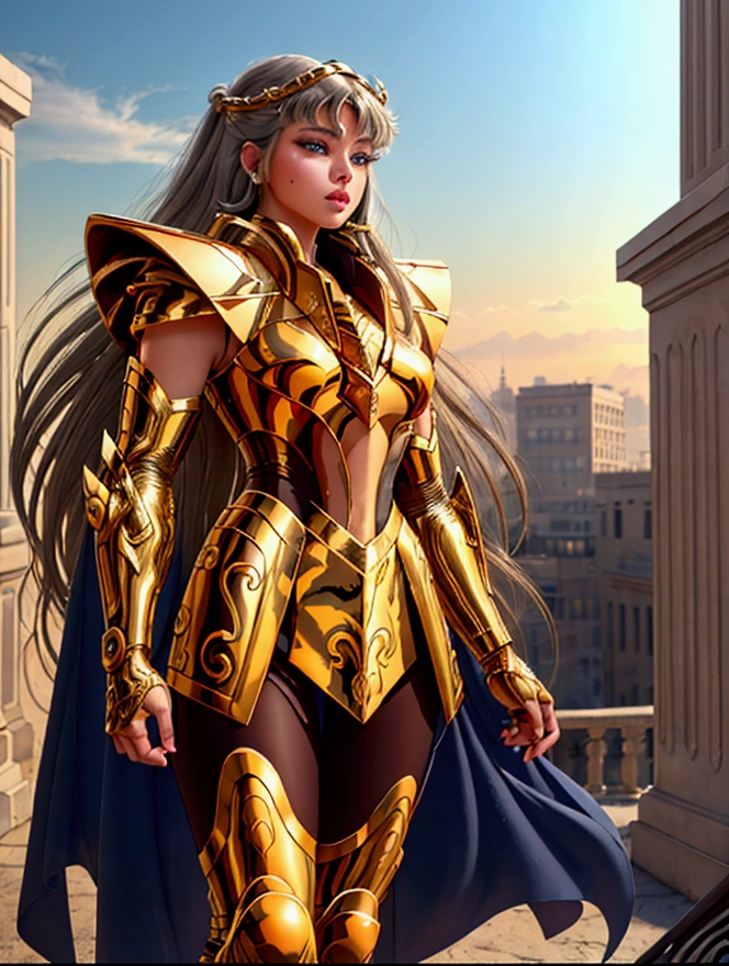 1girl, beautiful detailed eyes, beautiful detailed lips, extremely detailed face, long eyelashes, saint seiya armor, city background, front view, portrait, hyper realistic, 8k, high quality, vibrant colors, dramatic lighting, cinematic, award winning digital art