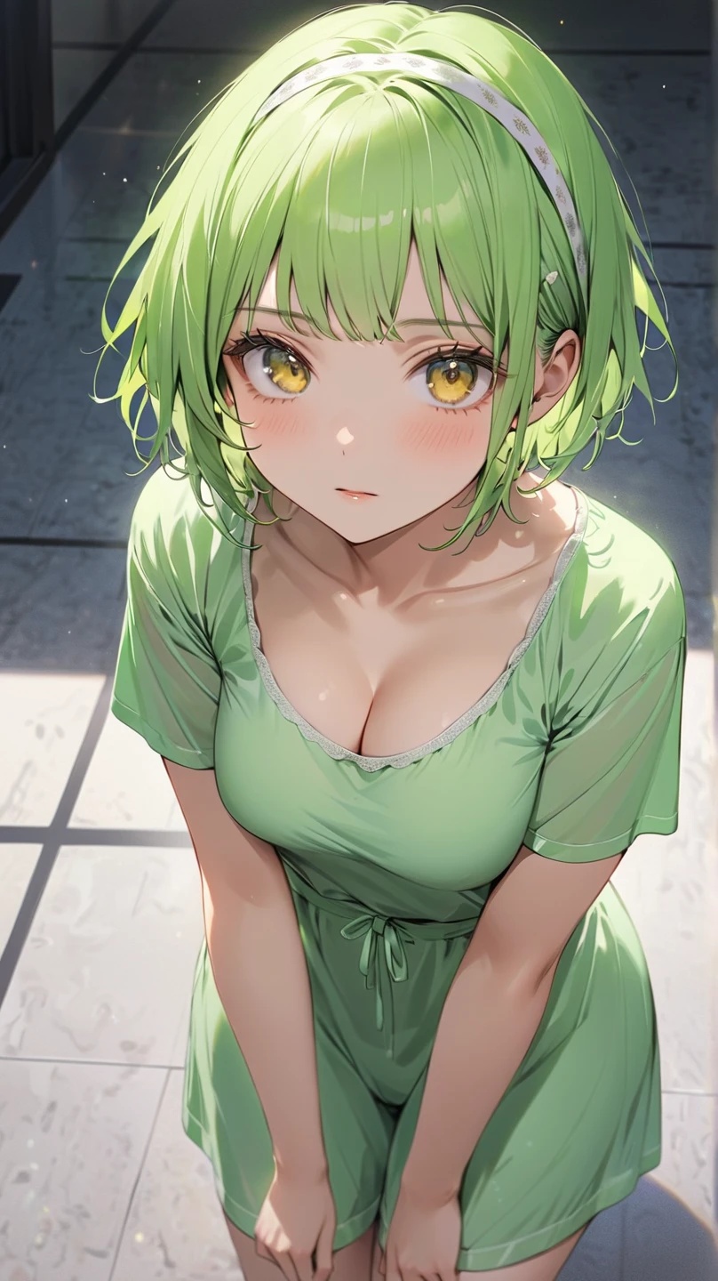 ((best quality)), ((masterpiece)), (detailed), 1girl, off-shoulder sweater, scared, green clothes, green hair, green eyes