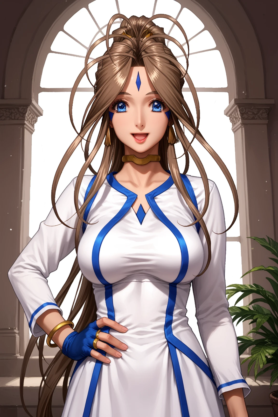 sfw, 1goddess, solo, (priestess, priestess short-neck dress), (short-neck), long sleeves, ((Blue Trimmed Dresses, Blue-Trim)), shiny, shiny white skin, (closed front clothes:1.6), calm smile, open mouth, open palm, BREAK, Lovebell-SDXL, Belldandy, long ponytail, brown hair, blue eyes, gold choker, ((fingerless blue short_gloves)), bracelet, earring, wedding_silver_ring on ringfinger, gold anklet, (elegant mature woman), safety, tranquility, BREAK, hand on hip, BREAK, (masterpiece:1.2), (best quality), (ultra detailed), (realistic), portrait, dramatic lighting, ((sharp focus, sharp detail)), score_9, score_8_up, score_7_up, score_anime, detailed eyes, detailed eyelashes, extremely detailed face, sharp detailed lips, beautiful detailed hand, BREAK, cowboy shot, standing, from front, 