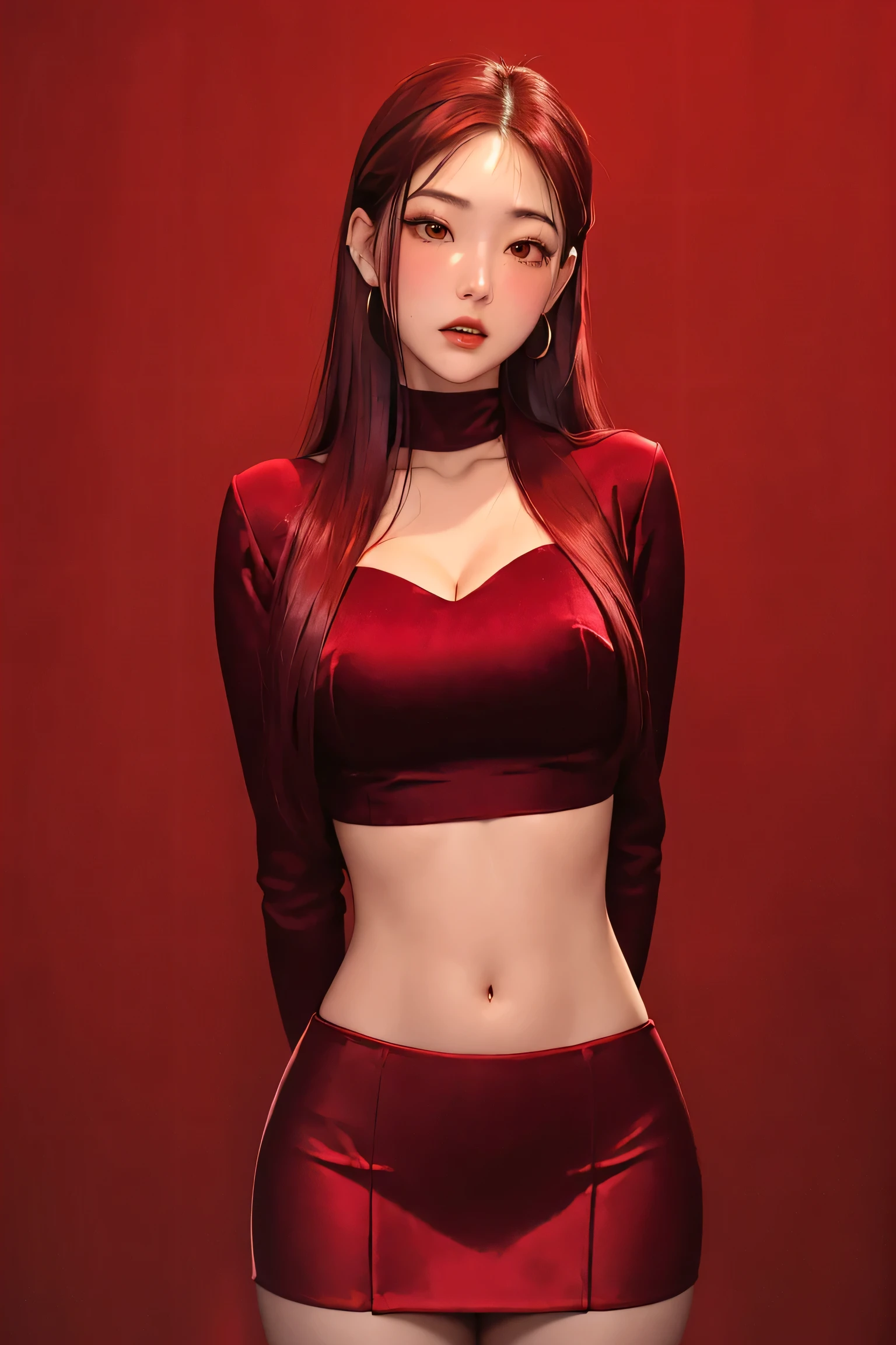 Surreal and cinematic picture of a young asian, slim fit young teen girl, round face, full crimson lips, super slim waist, extremly long skinny legs, navel percing, big gold ear ring, blushing cheeks, very long straight dark ruby red hair, pale white skin, big green eyes, ulzzang, long eyelashes, wearing a tight, long-sleeved, crimson velvet crop top, crimson velvet mini skirt and crimson colored velvet knee high boots, black background, (arms behind back), cleavage, underboob, big breasts, 