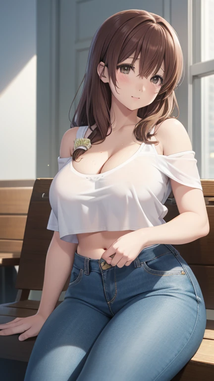 1girl, natural lighting, masterpiece, highly detailed, illustration, game CG, absurdres, high quality, score_9, score_8_up, score_7_up, source_anime,
shoukonishimiya, shouko nishimiya, long hair, brown hair, brown eyes, sitting, crop top, ripped jeans, off the shoulder, chubby thighs, cleavage