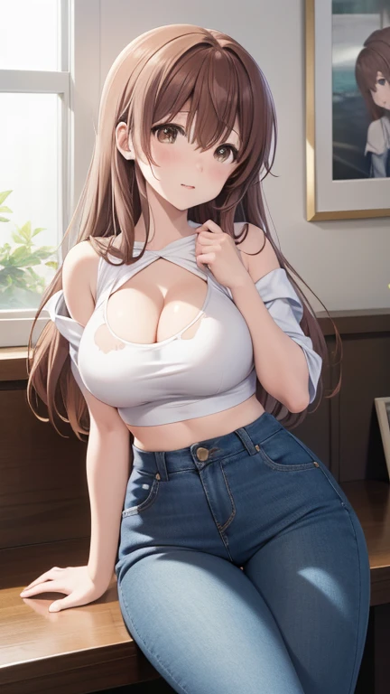 1girl, natural lighting, masterpiece, highly detailed, illustration, game CG, absurdres, high quality, score_9, score_8_up, score_7_up, source_anime,
shoukonishimiya, shouko nishimiya, long hair, brown hair, brown eyes, sitting, crop top, ripped jeans, off the shoulder, chubby thighs, cleavage