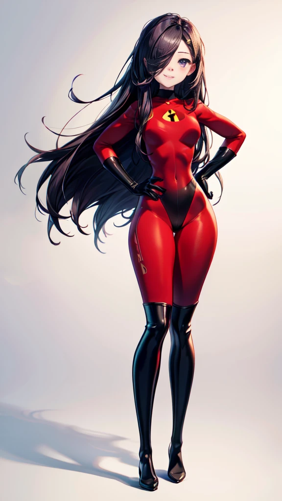 (whole body),masterpiece,   best quality ,  one girl who is at ease,  purple ,  long hair,  black hair,   has hair on one eye,  (red hero suit)， red bodysuit ，Black elbow gloves， black thigh boots ， thick thighs ，Place one hand on hip，upright， watch viewers, smile, simple background，