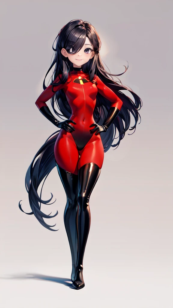 (full body),masterpiece, highest quality, One girl, Violet Par, Blue eyes,Long Hair, Black Hair, Hair on one eye, (Red hero suit),Red bodysuit,black elbow gloves,Black Thigh Boots,Thick thighs,Place one hand on hip,Squat,Spread your legs,View your viewers, Face to endure humiliation, Simple Background