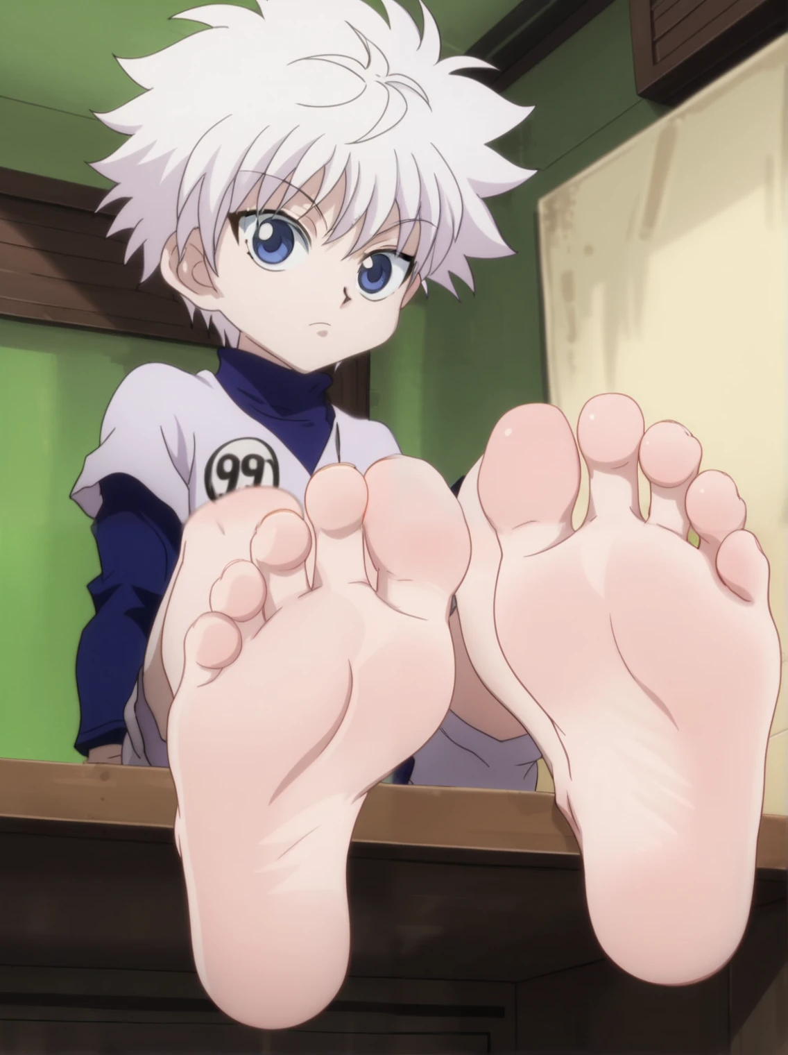Score_9, score_8_up, source_anime, 1boy, Killua Zoldyck, big eyes, alone, looking at viewer, in his room, sitting, cowboy shot, ANIME SCREENCAP, anime coloring, barefoot, perfect feet, anatomically correct, soles, low angle, focal length 35mm, each foot has five toes, front, symmetrical soles, foot focus, spiky silver hair, very pale skin, blue eyes, long sleeved and dark colored shirt, baggy shorts