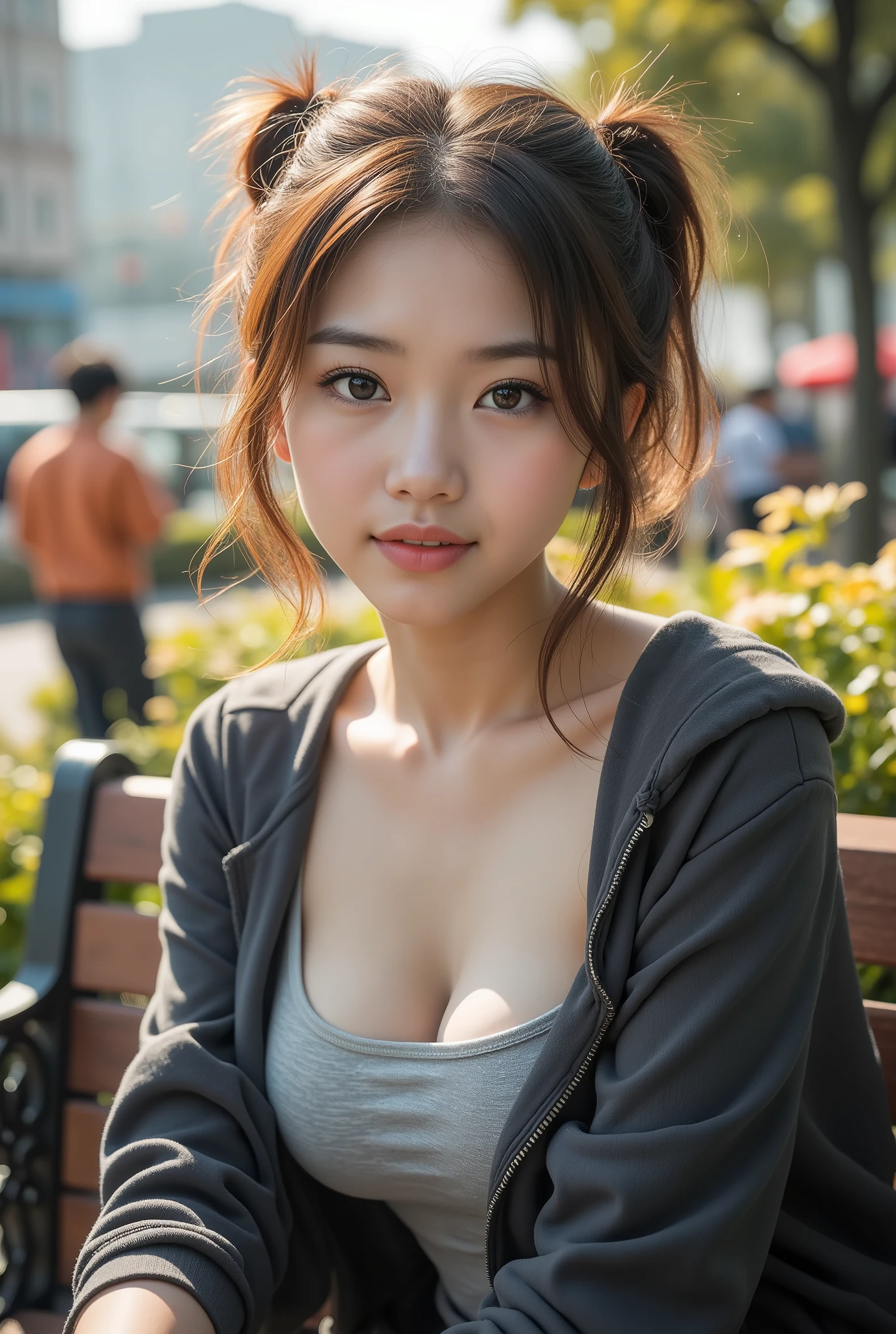 Create an image of an Asian ******* girl in a fashionable outfit. She is sitting on a bench with a relaxed and content expression, one arm resting casually on the backrest. The background is a bustling city park. Detailed face, expressive eyes, high resolution, photorealistic, natural lighting, vibrant colors, relaxed and content pose, city park backdrop.