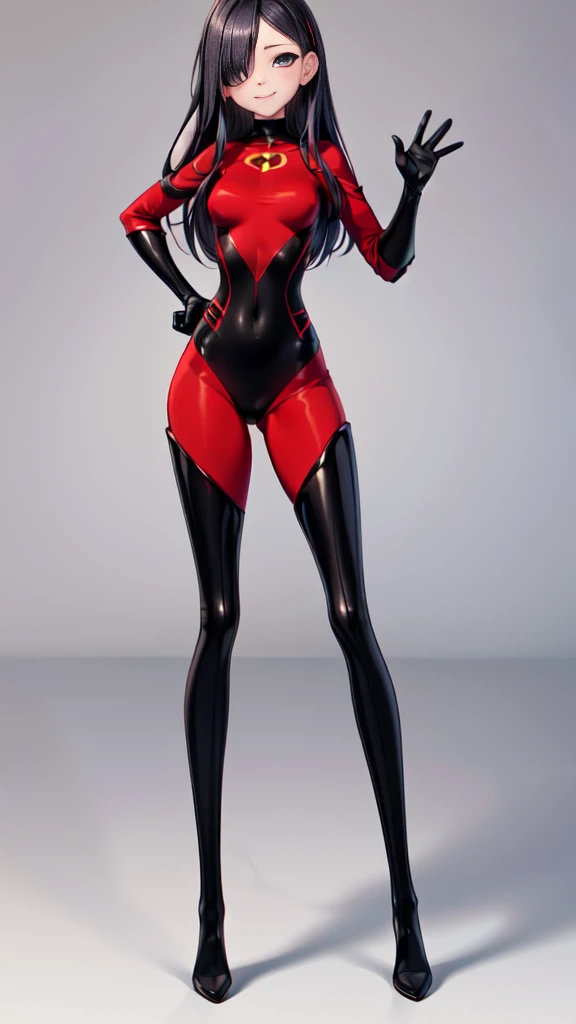 (full body),masterpiece, highest quality, One girl, Violet Par, mask, Long Hair, Black Hair, Hair on one eye, (Red hero suit),Red bodysuit,black elbow gloves,Black Thigh Boots,Thick thighs,(Spread your legs,Raise your arms back), View your viewers, smile, Simple Background