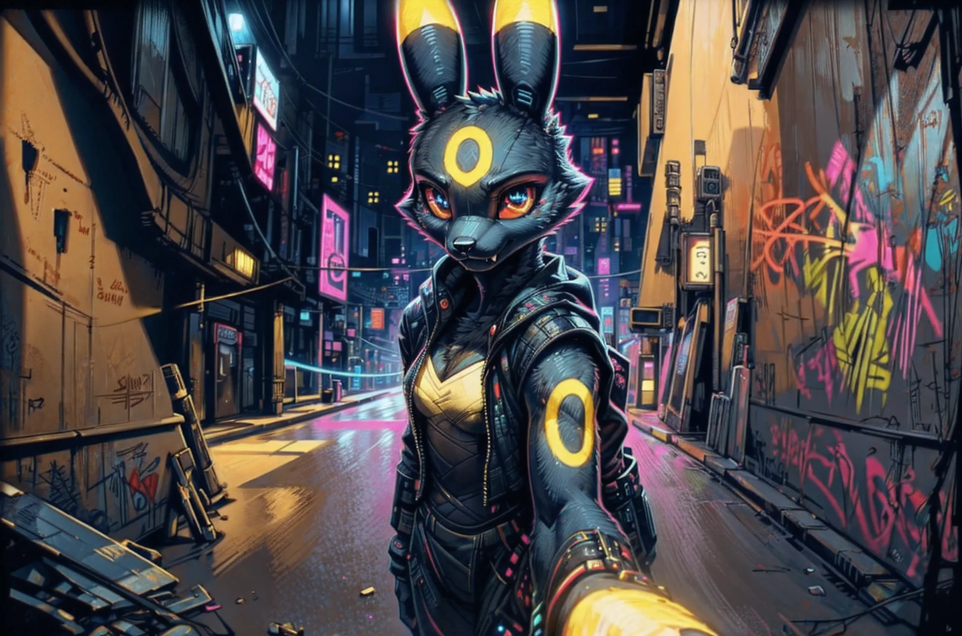 Anthro umbreon, female, thug, brings the viewer to the city, "takemyhand", walks away, frist_person_pov, claws, fangs, red_sclera, infront of a wall with graffiti, out in the street, fluffy, night city, neon lights, cyberpunk style, high quality, 4k ,superb eyes, masterpiece, deep of view, good prospective, trending, professional illustration, street background, vivid colors, by hioshiru, by pixelsketcher,