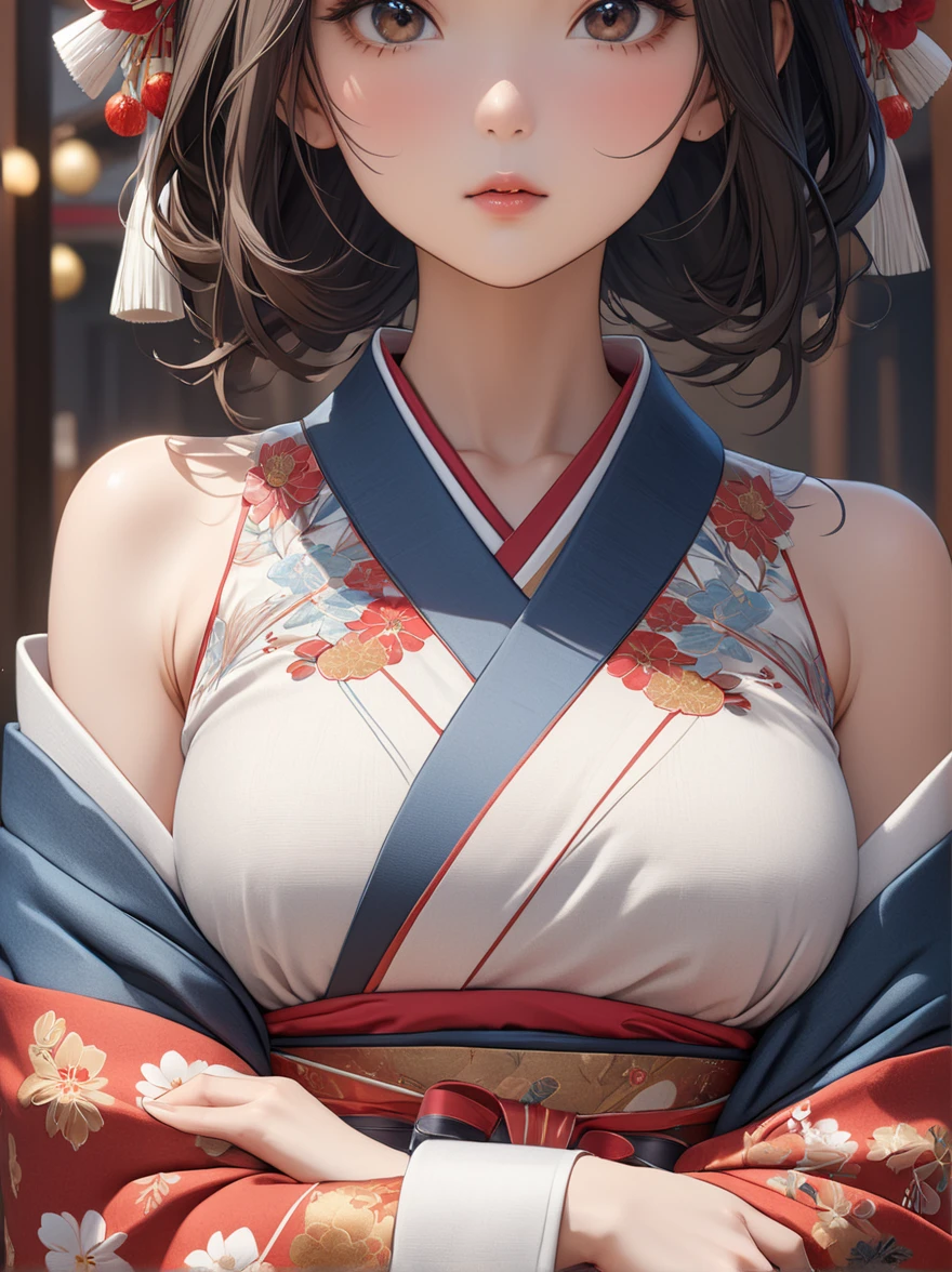 (((masterpiece, best quality))), (((superior quality))), cute girl, ((extremely detailed girl)), ((huge breasts)), yukata, (bare shoulders), strapless top, random expression