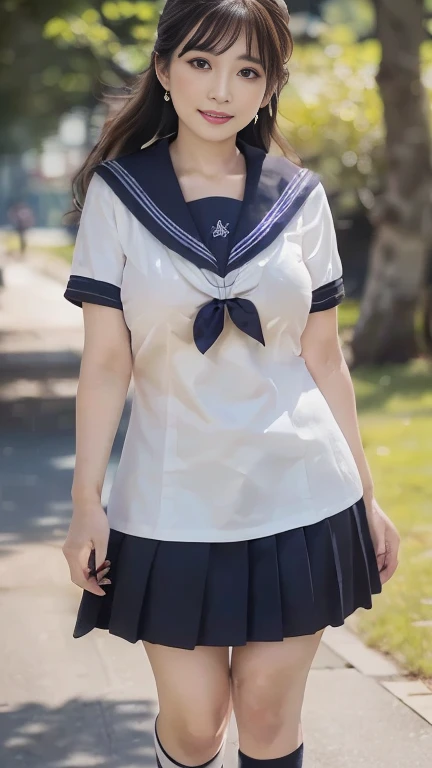 full body shot, from below,  japanese mature, 48 years old,  detailed face , smile, Facial wrinkles,  detailed skin texture ,  white skin,  heavy makeup, (curvy body,  big breasts,  plump thighs:1.5), (earrings,  Necklaces ,  high school uniform ,  sailor suit , sailor collar,  dark blue pleated mini skirt , JK_style, short-sleeved JK_sailor:1.2), (Short socks,  wearing loafers :1.2), ( full body shot from toe to head wearing black high heels,  standing in the park, standing:1.2), ( surrealism, best quality, ultra detailed, absolutely resolution, 8k, anatomically correct), depth of field, looking at viewer, tachi-e,  natural light