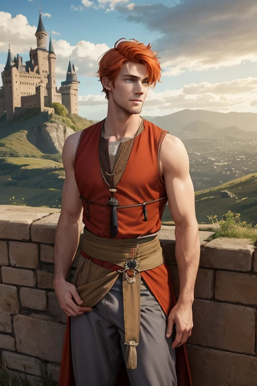 Photo-realistic. A pleased, tall, handsome, fit, 24-year-old Caucasian medieval prince, with short, fade-cut, burnt orange hair, and blue eyes, wearing a red and tan sleeveless tunic, with gray trousers, standing on a castle wall, looking out to the distance, on a cloudy afternoon.