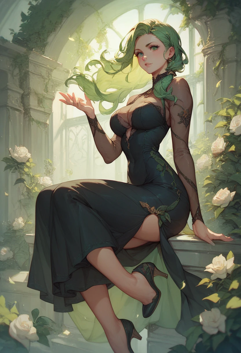 A mesmerizing Norman Rockwell-style illustration of a captivating mashup character, blending the features of Harley Quinn and Poison Ivy. The character, with green skin, showcases Harley's iconic green and red hairstyle, pale green face paint, and a form-fitting green and red outfit. She embodies Poison Ivy's green skin, with leaves and vines intricately entwined around her body. Her eyes sparkle with an enigmatic, alluring glint, and her lips are painted a vibrant green. The background is softly backlit, creating a depth and atmosphere that accentuates the character's mystique. Norman Rockwell's signature realistic shading adds a touch of classic charm and depth to this surreal character. she is naked