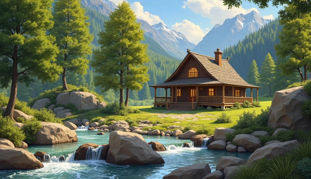 A cozy wooden cabin with a slanted roof and a wraparound porch is ...