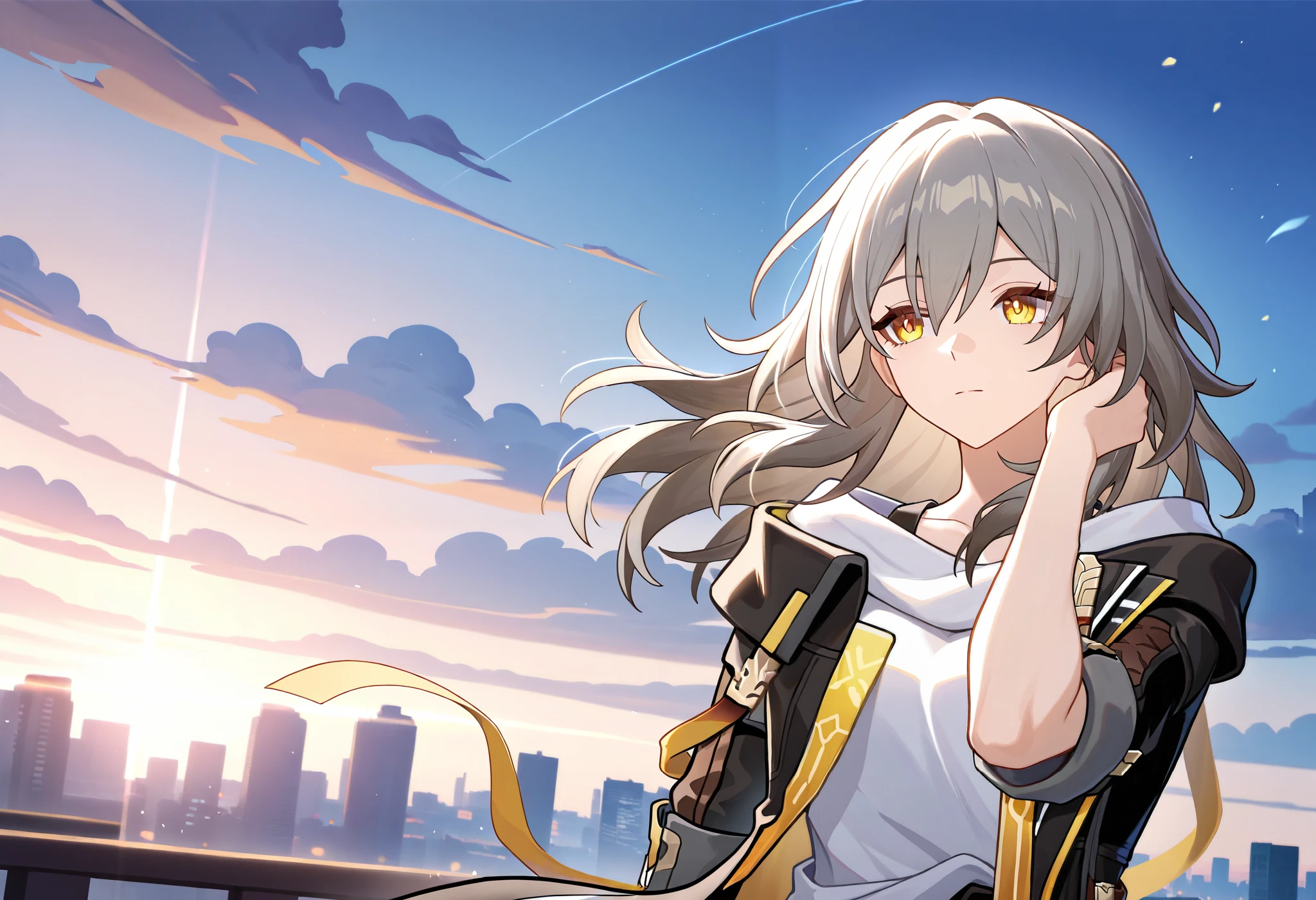 1girl, stelle\(honkai: star rail\), honkai: star rail, looking to the side, yellow eyes, jacket, floating clothes, floating hair, tucking hair, city, wind, twilight, side lighting, masterpiece, best quality, very aesthetic, absurdres