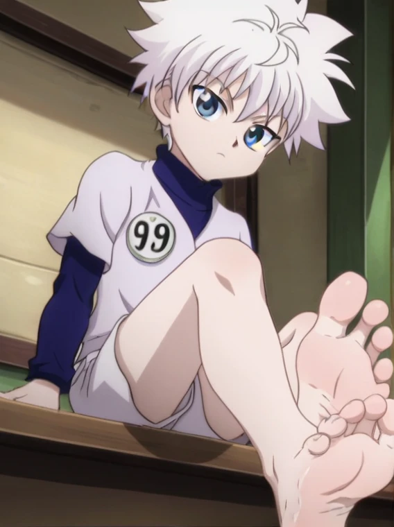 ((Masterpiece)), ((highest quality)), ((perfect anatomy )), young male, Killua Zoldyck_Hunter x Hunter, on a bed, showing the soles of his feet, perfect feet, five toe feet, feet focus, two legs, two feet, spreading his toes