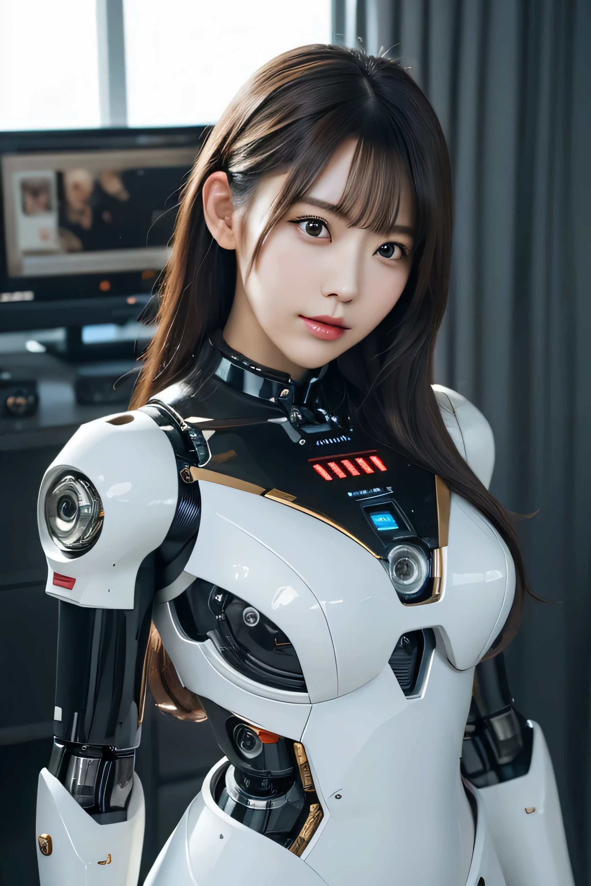 masterpiece, best quality, extremely detailed, Japaese android girl,portrait,Plump,a bit chubby,control panels,android,Droid,Mechanical Hand, Robot arms and legs, Black hair,Blunt bangs,perfect robot girl,long tube,thick cable connected her neck,android,robot,humanoid,cyborg,japanese cyborg girl ,robot-assembly plant,She is assembling now,assembly scene,camera eyes,chest monitor