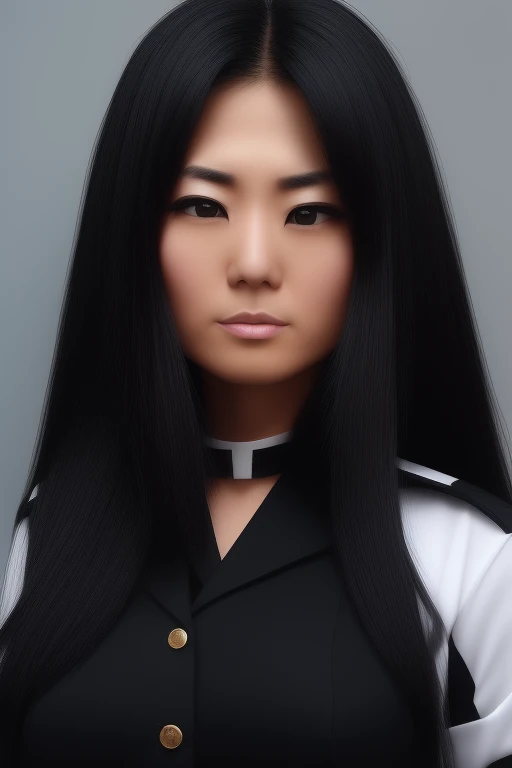 jet black hair,most very long hair,most very lion hair,most very wolf hair,most very frizzy hair,coarse hair,most very spread hairstyle,thick hair,fluffy hair,most very heavy weight hair,hair covering left eye,heavy looking hairstyle,most very voluminous hair,shiny jet black hair,female jail officer,black uniform,a heavy-looking uniform,black pants,1 Japanese woman,tall woman,woman's height 2.6m,most very strong face,most very angry face,black eyes,very close-up to face,most very muscle body,most very beautiful face,show more hair,high resolution,white background