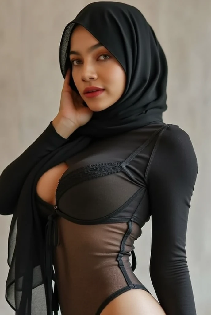 front-facing full body of A slutry female with long full hijab and lingerie