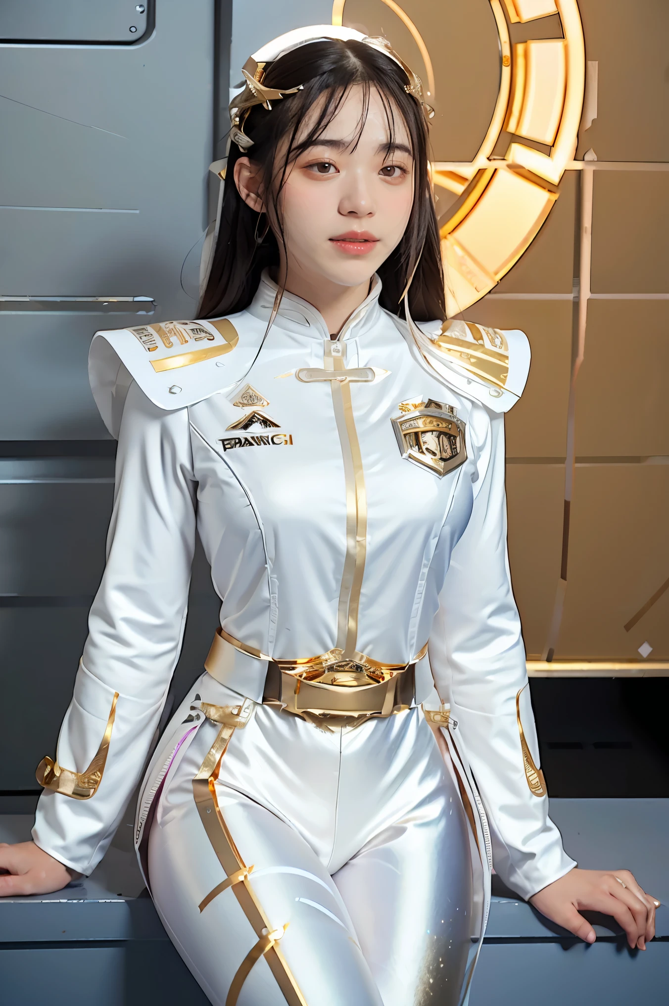 ((masterpiece, best quality, extremely detailed), volumetric lighting, ambient occlusion, colorful, glowing), 
1girl, solo, young girl, (dark hair), long hair, halo, aura, sacred, goddess, cleric suit, (white outfit with gold detailst:1.3), armor,
outdoors, sunset, sky, clouds, space, (fantasy theme:1.2),ม 1girl, full body, Illustration, cinematic light, high resolution, best quality, ultra-detailed, masterpiece, power suit, powerranger, suit, spd, (Silver and Gold chest plate), white and gold detail, (((white suit))), ((police theme:1.2))
