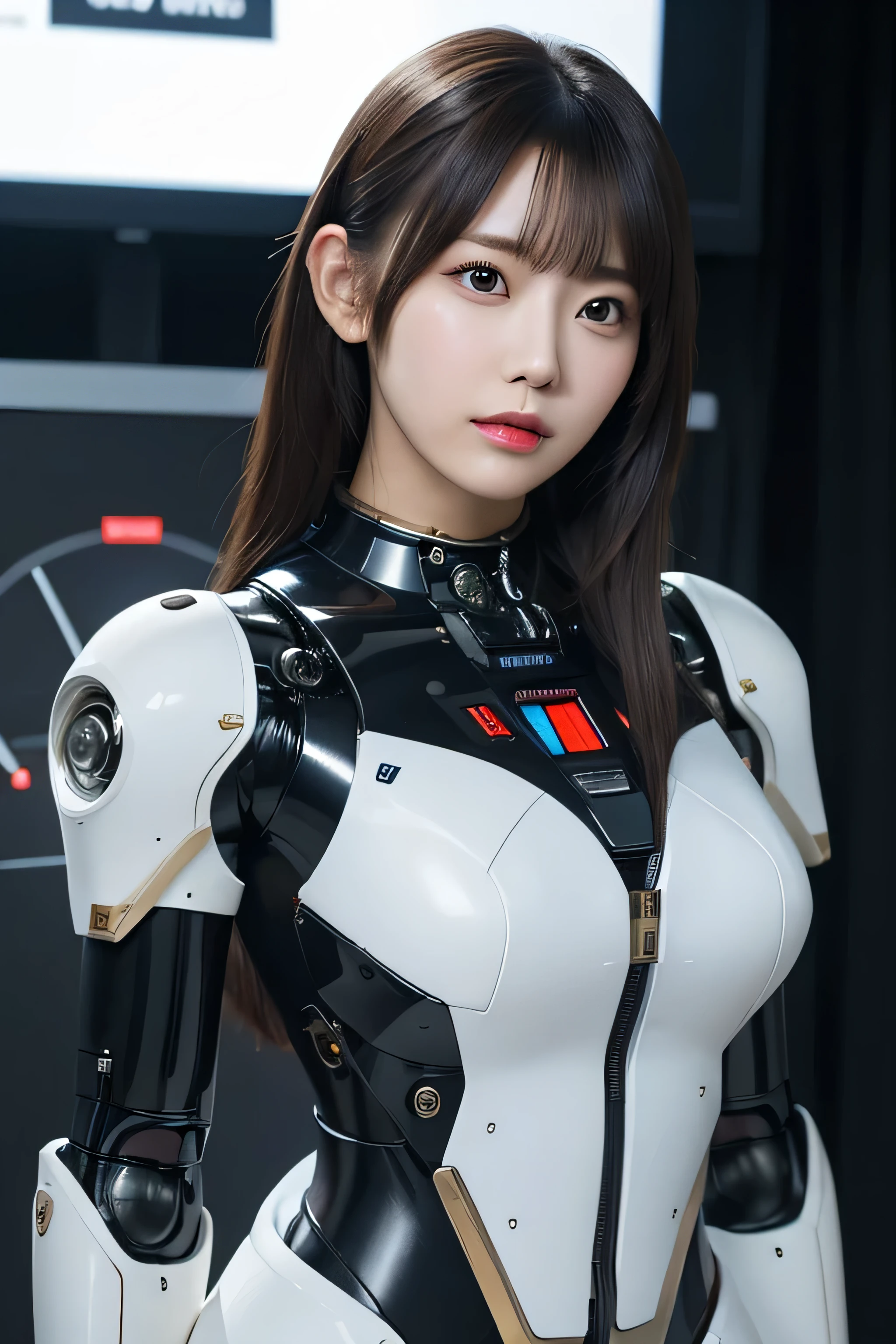 masterpiece, best quality, extremely detailed, Japaese android girl,portrait,Plump,a bit chubby,control panels,android,Droid,Mechanical Hand, Robot arms and legs, Black hair,Blunt bangs,perfect robot girl,long tube,thick cable connected her neck,android,robot,humanoid,cyborg,japanese cyborg girl ,robot-assembly plant,She is assembling now,assembly scene,camera eyes,chest monitor