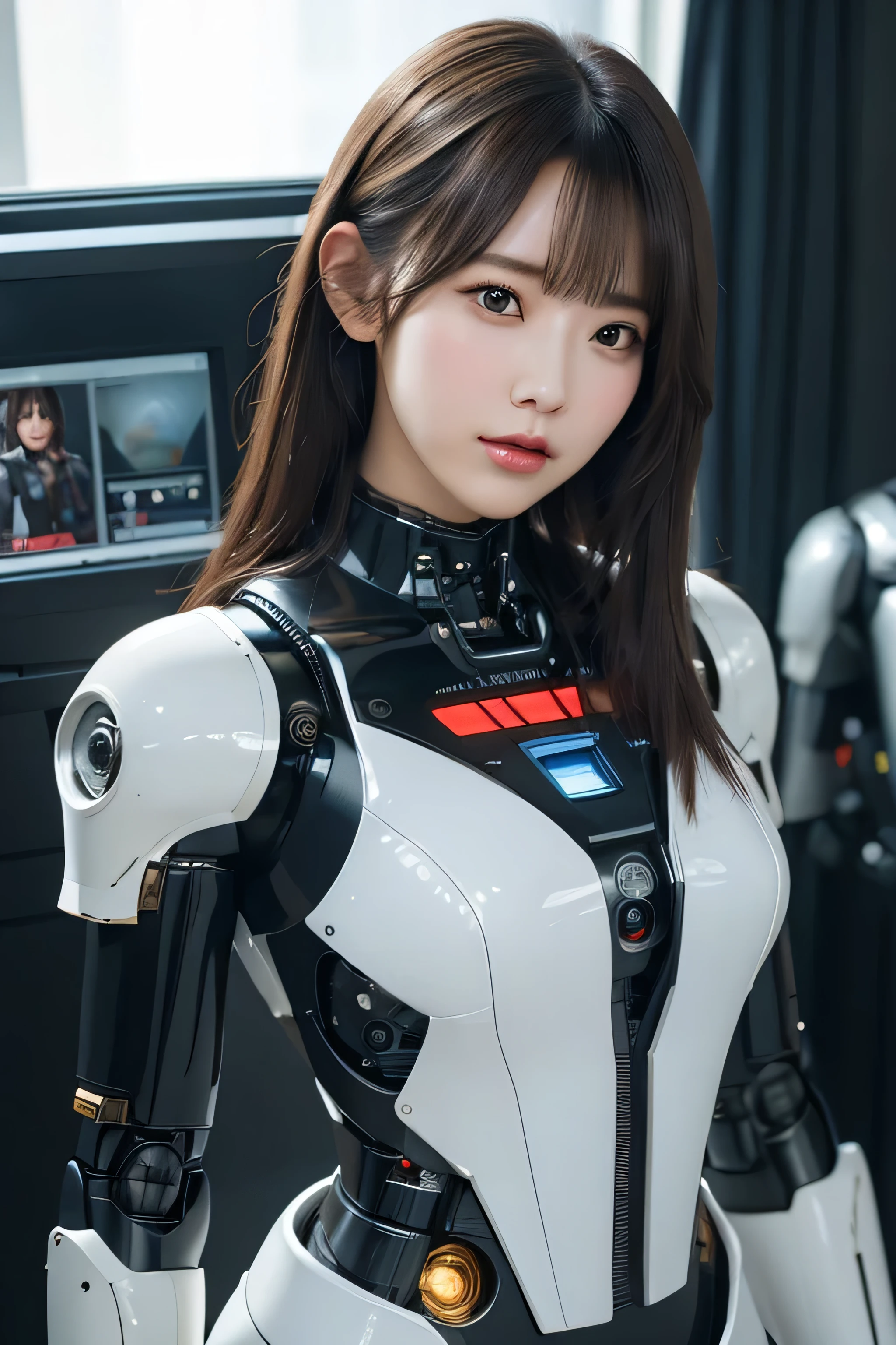 masterpiece, best quality, extremely detailed, Japaese android girl,portrait,Plump,a bit chubby,control panels,android,Droid,Mechanical Hand, Robot arms and legs, Black hair,Blunt bangs,perfect robot girl,long tube,thick cable connected her neck,android,robot,humanoid,cyborg,japanese cyborg girl ,robot-assembly plant,She is assembling now,assembly scene,camera eyes,chest monitor