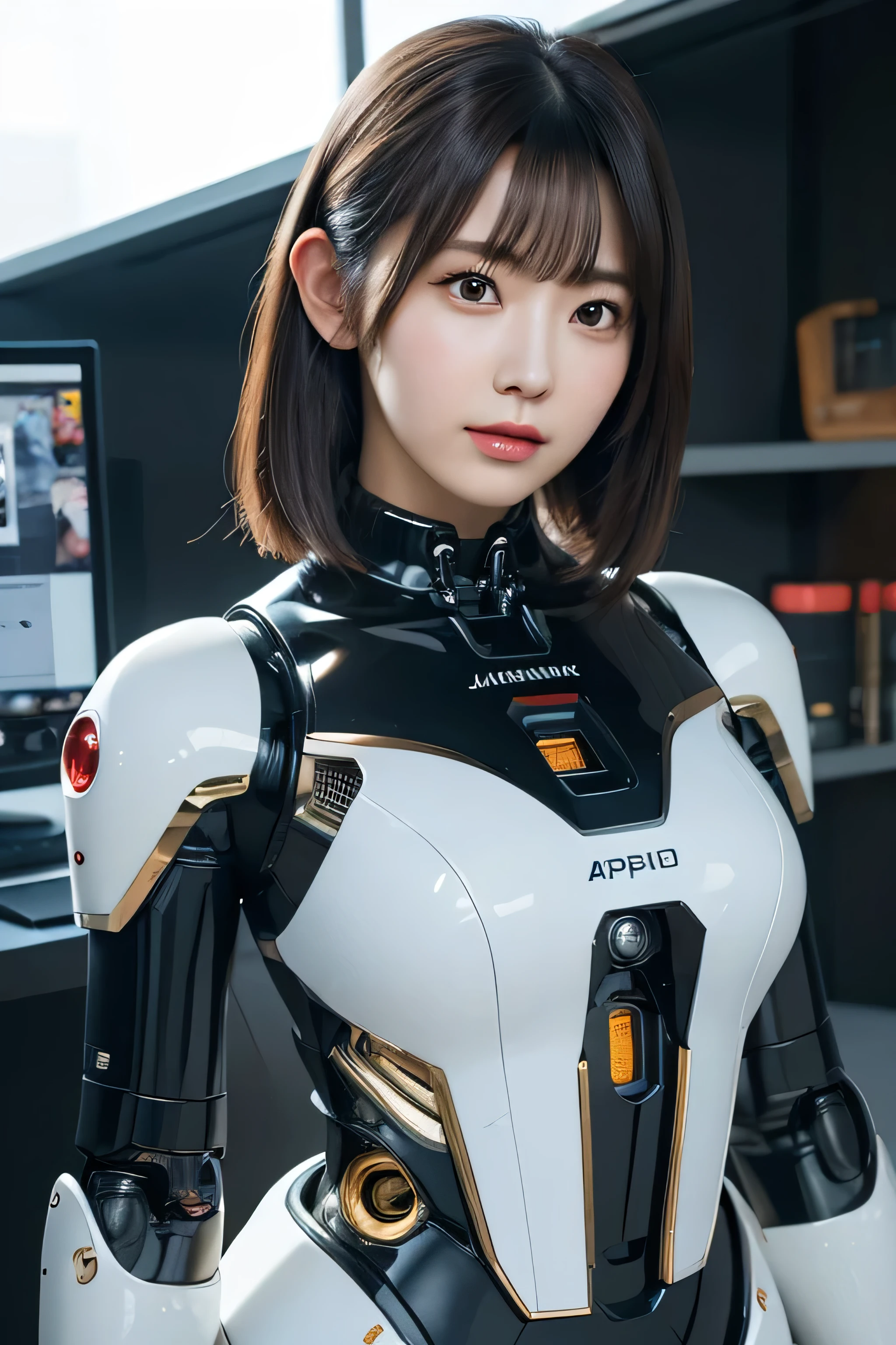 masterpiece, best quality, extremely detailed, Japaese android girl,portrait,Plump,a bit chubby,control panels,android,Droid,Mechanical Hand, Robot arms and legs, Black hair,Blunt bangs,perfect robot girl,long tube,thick cable connected her neck,android,robot,humanoid,cyborg,japanese cyborg girl ,robot-assembly plant,She is assembling now,assembly scene,camera eyes,chest monitor