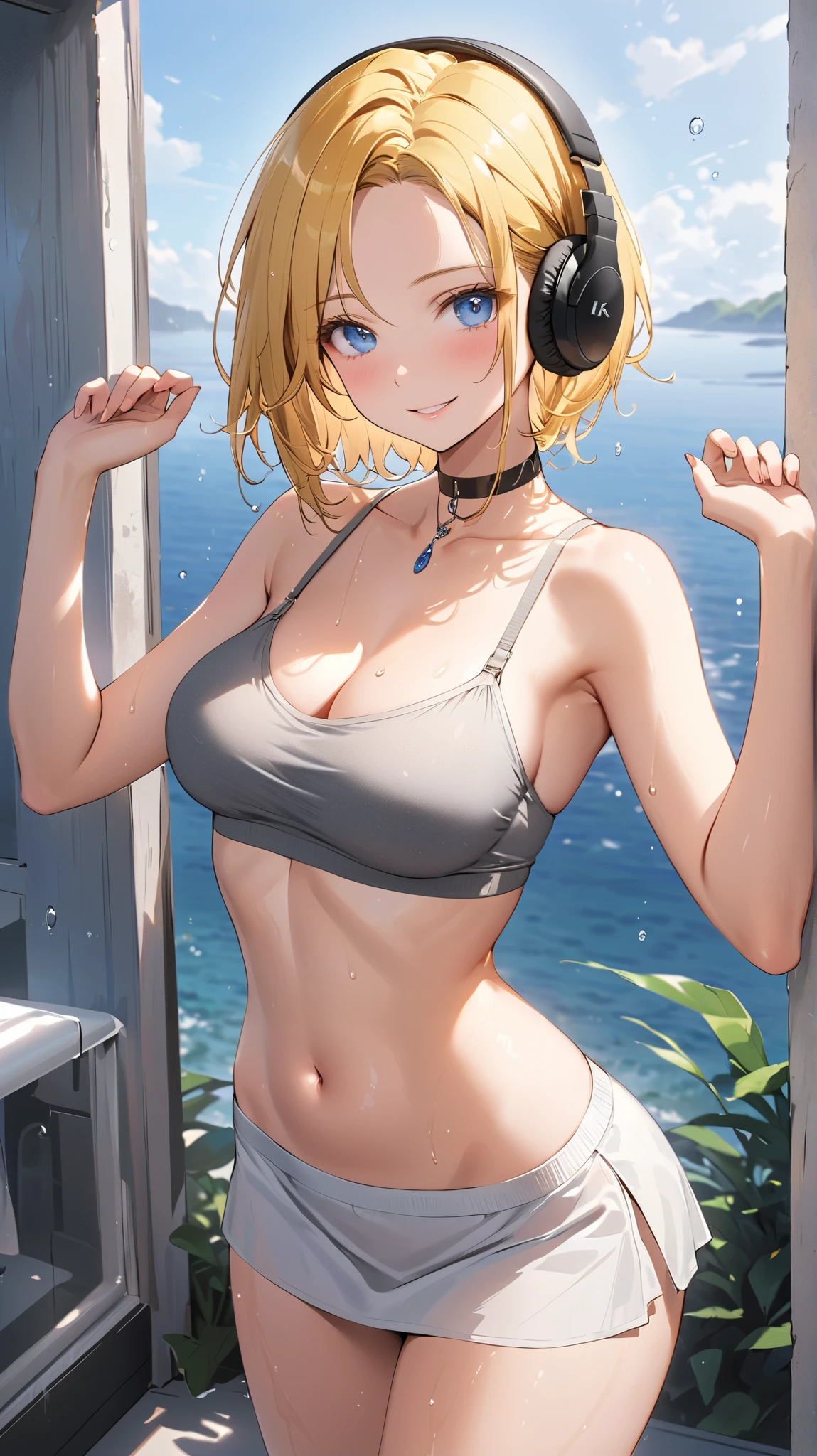 Headphones, red cheeks, detailed details (face, eyes, eyebrows, eyelashes) official art, masterpiece, highest quality, portrait photo of one girl, 14-year-old girl, wearing a pank girl(bikini, silver color, metallic, ) 8k, blonde, short hair, high resolution, ( butt:1.2)(headphones:1.2), (excellent rendering, stands out in its class), (great detail, good lighting, wide angle), breasts (0.5), plump thighs, absolute area, detailed background, maro eyebrows