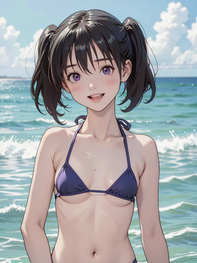 (from side),(upper body), (from below), ((kuraue hinata, black hair, twintails, short twintails, purple eyes, short hair, eyebrows visible through hair, hair between eyes)), ((NSFW)),((cowboy shot )), ((NSFW)),((Micro bikini - swimsuit with a small area)), (cameltoe:1.1) (((Smaller chest))), Best Quality, (masutepiece:1.2), Highly detailed, 1girl in, Solo, raise a hand, Looking at the viewer, Open mouth, Smile, tooth, Girl in 1, Solo, cowboy shot,Depth field、light on face、Portrait、sunshine、sky porn、smile、((ocean, water, splash,))