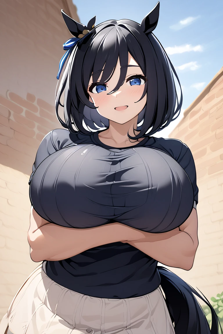  huge boobs from afar, Alone,  shiny hair,   tight sweaters， embarrassed ,smile， has an open mouth， chest emphasis ， horse tail, black hair，,Horse ears，Black sweater，underwear， bob cut，Dark blue eyes，１８age， facing the front， watching viewers，breast lift ，Breastfeeding， lifts the chest， paizuri，Black sweater，Black innerwear，