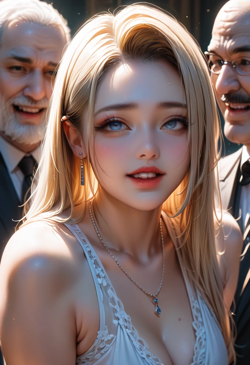 aristocratic young woman, blonde, blue-eyed girl, short cut bob, carrier woman, urban skyscraper street, white sheer blouse front open, cleavage braless areola, black mini tight skirt slit,