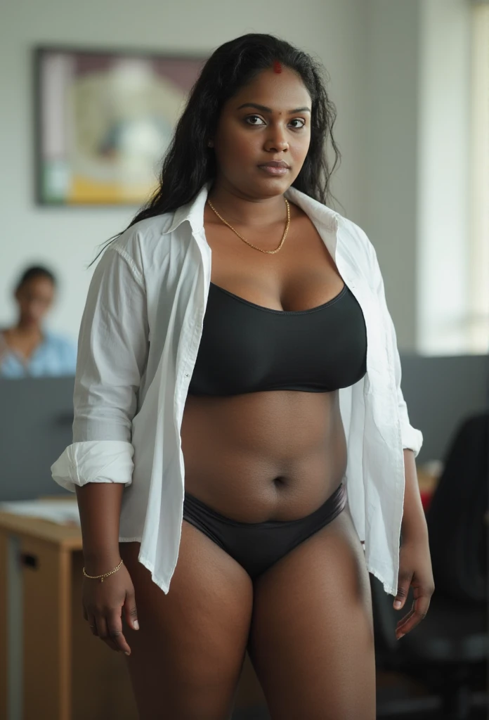 (((kerala hindu curvaceous chubby  black office aunty))), (((average waist, ))) , dark boss lady ,(((blue eyes))) ((((wide heavy bottle shape hips)))), ((((standing at office))), (((Half Body))), (((very dark skin))), (((age 30+))),  (((nude heavy thick thigh))), heavy physique, heavy figure, aunty juicy figure, big wide hips and nave, tiny waist, apple shape butt and hips, big ass (((full naked nude))), ((black skin dark body)), (((depth of field))), photorealistic, visible skin detail and pores, realism, Getty Images, RAW candid cinema, 16mm, colour graded portra 400 film, remarkable colour, ultra realistic, textured skin, remarkable detailed pupils, realistic dull skin noise, visible skin detail, skin fuzz, dry skin, shot with cinematic,light leaks, RAW Image, DOF, depth of field,bokeh, secretary boss, sleek white shirt