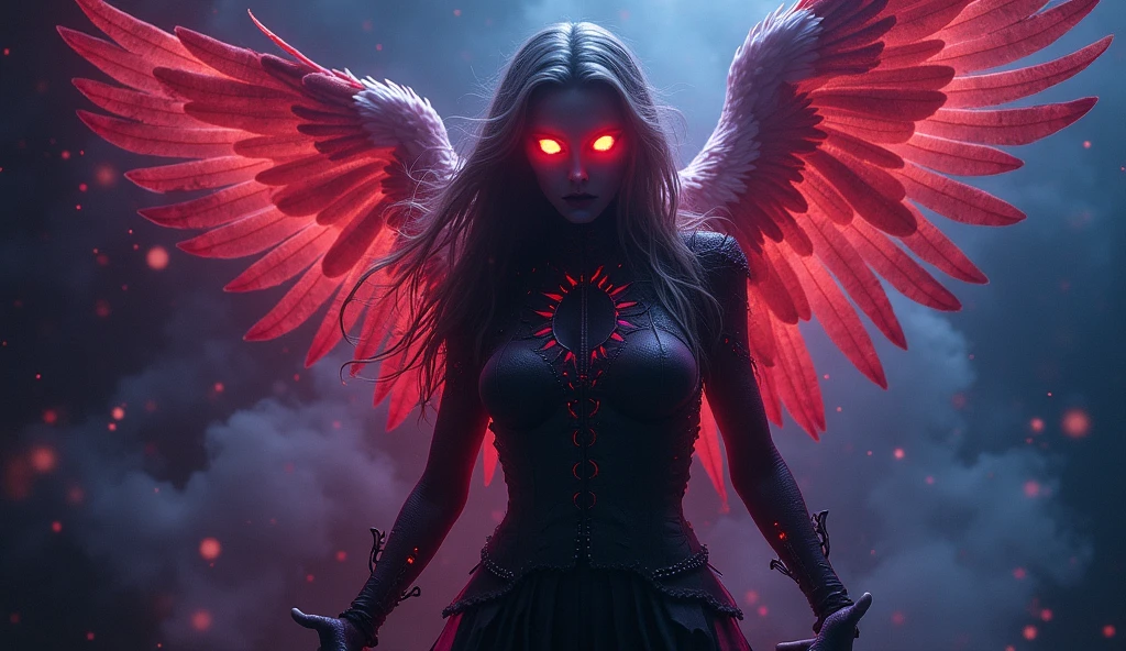 cosmic fallen angel, glowing light eyes, Biomechanicals, weirdcore, frightful, nightmarish, very bright colors, light particles, with bright light, Mshiff, Wallpaper Art, UHD Wallpaper