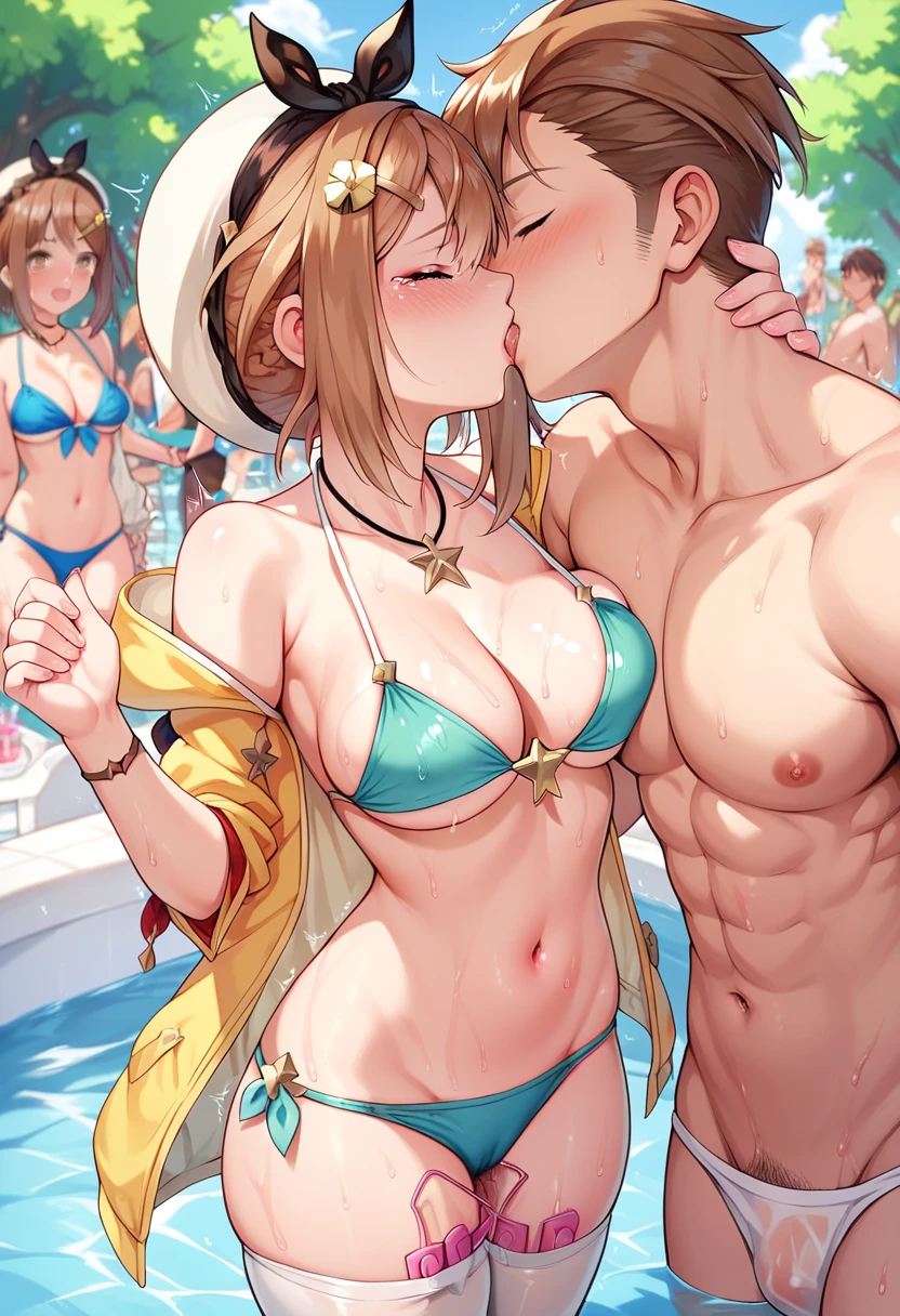 1 female　　1 male　High image quality　      best quality　masterpiece　  　     Atelier Ryza 　 crying　 string bikini　Pool　 whole body wet 　bikini in vibrator 　 vibrator inserted into vagina　Trembling　Vaginas squirt 　crowd　Kissing a man　Women do hand jobs